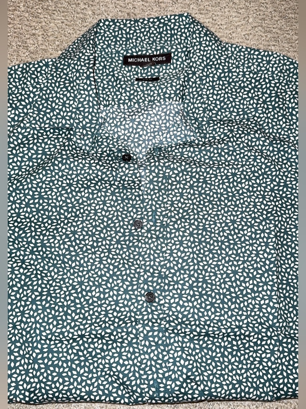 Michael Kors Men's Slim Fit Green & White Geometric Leaf Print Short Sleeve